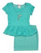 Dream Girl Toddler Girls S/S Blue Lace Peplum Shirt 2pc Skirt Set Size 4T