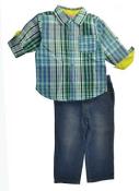 Kids Headquarters Infant Boys Blue Plaid Shirt 2pc Denim Pant Set Size 12M