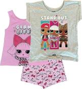 L.O.L. Surprise! Girls 3-Piece T-Shirt, Tank Top and Short Set Light Grey