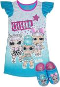 L.O.L. Surprise Girls Pajama Set Dorm PJs with Slippers Turquoise 6x, 7/8, 10/12