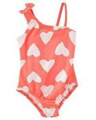 Osh Kosh Toddler Girls Coral One-Piece Heart Print Swimsuit Size 5T